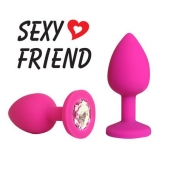 Розовая конусовидная анальная пробка с прозрачным кристаллом - 7,3 см. - 1137 - купить с доставкой в Подольске