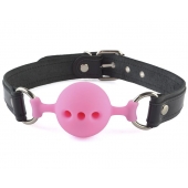 Розовый кляп-шар на черных кожаных ремешках - Sitabella - купить с доставкой в Подольске