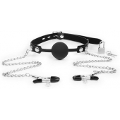 Черный кляп-шарик с зажимами на соски на металлической цепочке - Notabu - купить с доставкой в Подольске