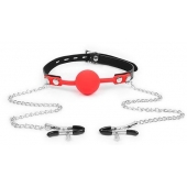 Красный кляп-шарик с зажимами на соски на металлической цепочке - Notabu - купить с доставкой в Подольске