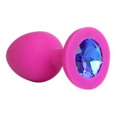 Ярко-розовая анальная пробка с синим кристаллом - 9,5 см. - 1137 - купить с доставкой в Подольске