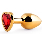 Золотистая анальная пробка с красным стразом-сердечком - 8 см. - Anal Jewelry Plug - купить с доставкой в Подольске
