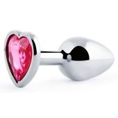 Серебристая анальная пробка с малиновым кристаллом-сердечком - 7 см. - Anal Jewelry Plug - купить с доставкой в Подольске