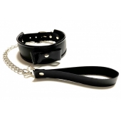 Черный ошейник с поводком из эко-кожи - БДСМ Арсенал - купить с доставкой в Подольске