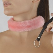 Розовый меховой ошейник с кожаным поводком - Sitabella - купить с доставкой в Подольске