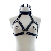 Черная портупея на грудь с кляпом и зажимами для сосков - Notabu - купить с доставкой в Подольске