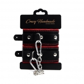 Черные наручники с красной подкладкой, строчками и скругленными ремешками - Crazy Handmade - купить с доставкой в Подольске