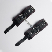 Черные кожаные наручники с красной строчкой - Crazy Handmade - купить с доставкой в Подольске