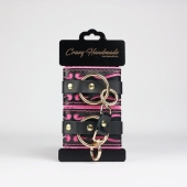 Черные кожаные наручники с розовой строчкой - Crazy Handmade - купить с доставкой в Подольске