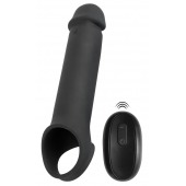 Черная вибронасадка для пениса с хомутом для мошонки и пультом ДУ Remote Controlled Penis Extension - Orion - в Подольске купить с доставкой