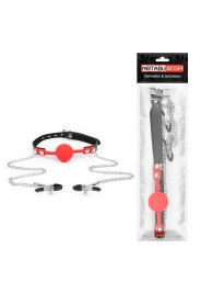 Красный кляп-шарик с зажимами на соски на металлической цепочке - Notabu - купить с доставкой в Подольске