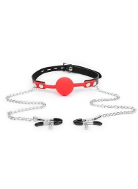 Красный кляп-шарик с зажимами на соски на металлической цепочке - Notabu - купить с доставкой в Подольске