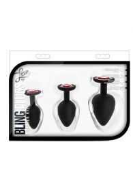 Набор черных анальных пробок с красным кристаллом-сердечком Bling Plugs Training Kit - Blush Novelties - купить с доставкой в Подольске