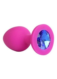 Ярко-розовая анальная пробка с синим кристаллом - 9,5 см. - 1137 - купить с доставкой в Подольске