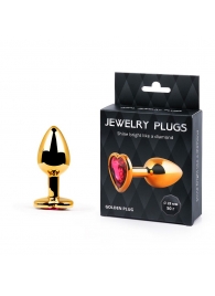 Золотистая анальная пробка с малиновым кристаллом-сердечком - 7 см. - Anal Jewelry Plug - купить с доставкой в Подольске