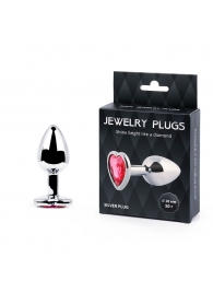 Серебристая анальная пробка с малиновым кристаллом-сердечком - 7 см. - Anal Jewelry Plug - купить с доставкой в Подольске