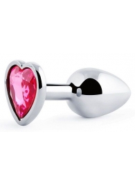 Серебристая анальная пробка с малиновым кристаллом-сердечком - 7 см. - Anal Jewelry Plug - купить с доставкой в Подольске