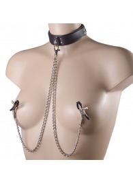 Черный ошейник с металлическими зажимами на соски и поводком - Sitabella - купить с доставкой в Подольске