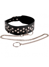 Кожаный чёрный ошейник с карабином и поводком - Sitabella - купить с доставкой в Подольске