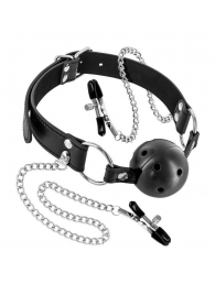 Жесткий шар-кляп с зажимами для сосков - Fetish Tentation - купить с доставкой в Подольске