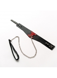 Черный широкий ошейник с красным декором и поводком - Crazy Handmade - купить с доставкой в Подольске