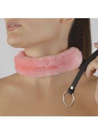 Розовый меховой ошейник с кожаным поводком - Sitabella - купить с доставкой в Подольске