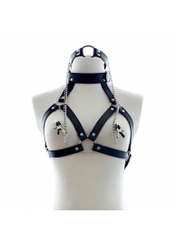 Черная портупея на грудь с кляпом и зажимами для сосков - Notabu - купить с доставкой в Подольске