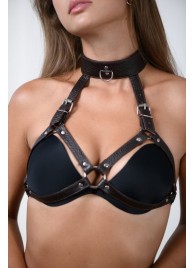Коричневая сбруя для груди с ошейником - БДСМ Арсенал - купить с доставкой в Подольске