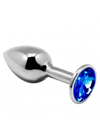 Серебристая анальная втулка с синим кристаллом Mini Metal Butt L - 9 см. - Adrien Lastic
