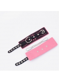 Черно-розовые кожаные наручники с розовой строчкой - Crazy Handmade - купить с доставкой в Подольске