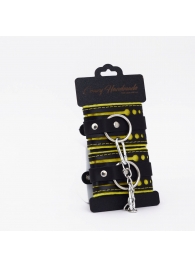 Черно-желтые кожаные наручники с жёлтой строчкой - Crazy Handmade - купить с доставкой в Подольске