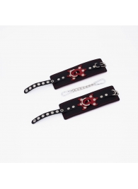 Черные кожаные наручники с красным декором и строчкой - Crazy Handmade - купить с доставкой в Подольске