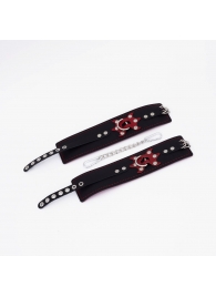 Черные кожаные оковы с красным декором и строчкой - Crazy Handmade - купить с доставкой в Подольске