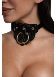 Черный фигурный кожаный ошейник с золотистой фурнитурой - Crazy Handmade - купить с доставкой в Подольске