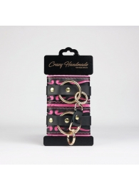 Черные кожаные наручники с розовой строчкой - Crazy Handmade - купить с доставкой в Подольске