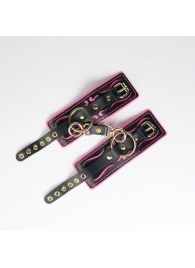 Черные кожаные наручники с розовой строчкой - Crazy Handmade - купить с доставкой в Подольске