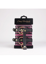 Черные кожаные оковы с розовой строчкой - Crazy Handmade - купить с доставкой в Подольске