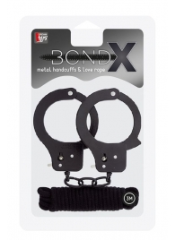 Чёрные наручники из листового металла в комплекте с веревкой BONDX METAL CUFFS LOVE ROPE SET - Dream Toys - купить с доставкой в Подольске