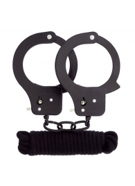 Чёрные наручники из листового металла в комплекте с веревкой BONDX METAL CUFFS LOVE ROPE SET - Dream Toys - купить с доставкой в Подольске