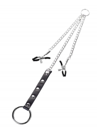 Серебристо-чёрные зажимы для сосков с кольцом для пениса TOYFA Metal - ToyFa - купить с доставкой в Подольске