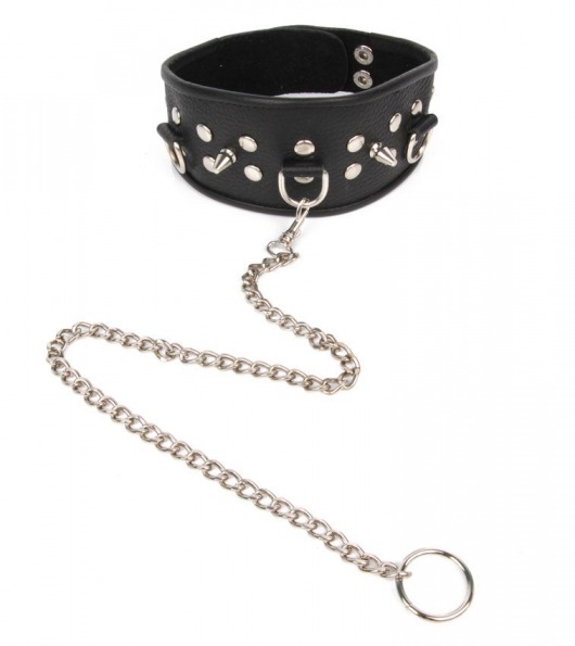 Черный ошейник с шипами и металлическим поводком-цепочкой - Notabu - купить с доставкой в Подольске
