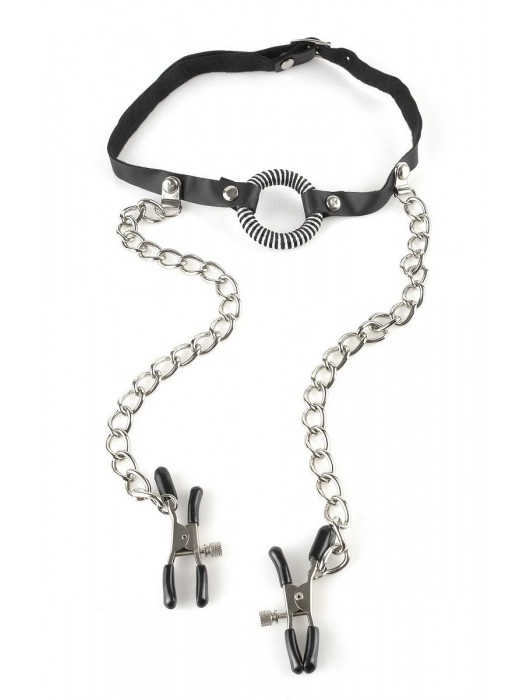 Кляп, соединенный цепочкой с клипсами для сосков - Pipedream - купить с доставкой в Подольске