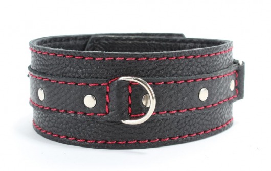 Черный ошейник из натуральной кожи с красной строчкой и кольцом - БДСМ Арсенал - купить с доставкой в Подольске