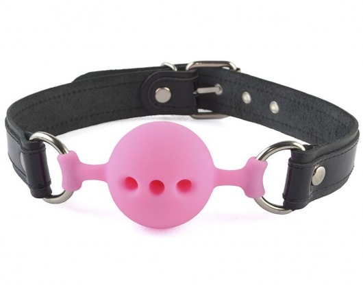 Розовый кляп-шар на черных кожаных ремешках - Sitabella - купить с доставкой в Подольске