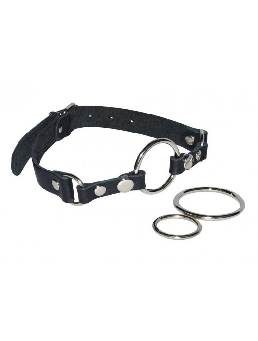 Черный кожаный кляп с 3 сменными кольцами - Sitabella - купить с доставкой в Подольске