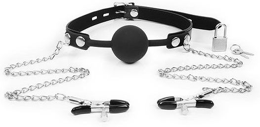 Черный кляп-шарик с зажимами на соски на металлической цепочке - Notabu - купить с доставкой в Подольске