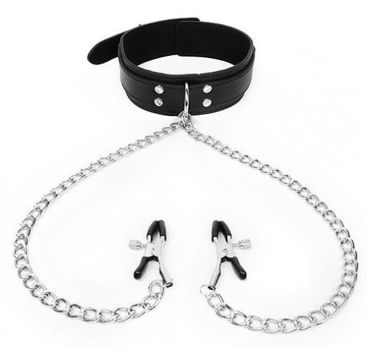 Черный ошейник с зажимами на соски на цепочке - Notabu - купить с доставкой в Подольске