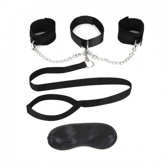 Чёрный ошейник с наручниками и поводком Collar Cuffs   Leash Set - Lux Fetish - купить с доставкой в Подольске