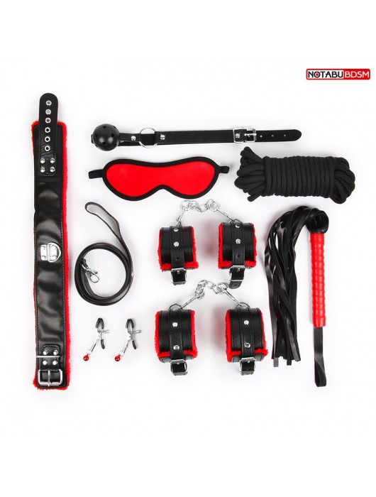 Стильный черно-красный набор БДСМ: маска, кляп, зажимы, плётка, ошейник, наручники, оковы, верёвка - Notabu - купить с доставкой в Подольске