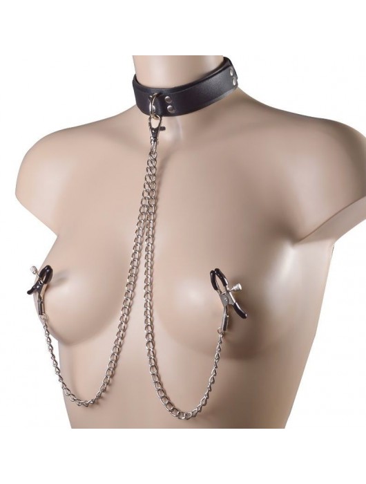 Черный ошейник с металлическими зажимами на соски и поводком - Sitabella - купить с доставкой в Подольске
